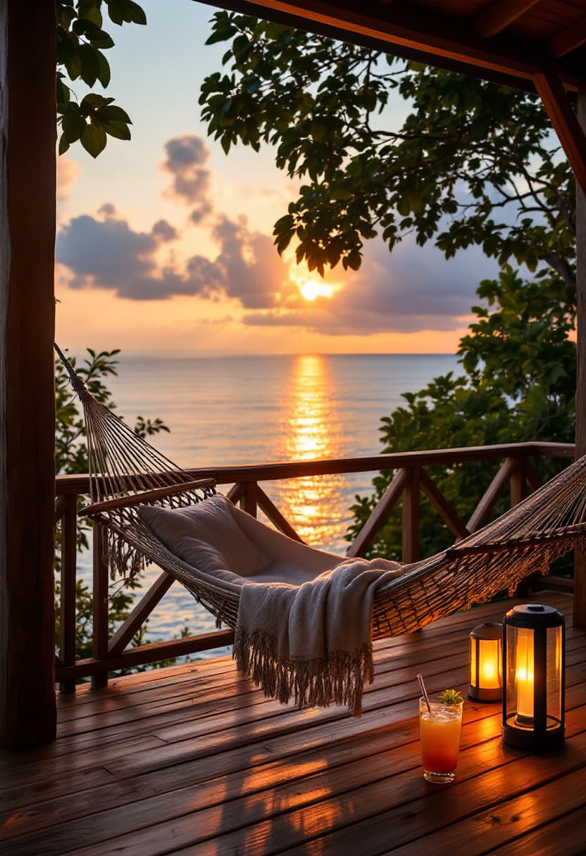 AI generated: A wooden deck with wooden railings over looking to the calm sea with sunsetting between the trees on...