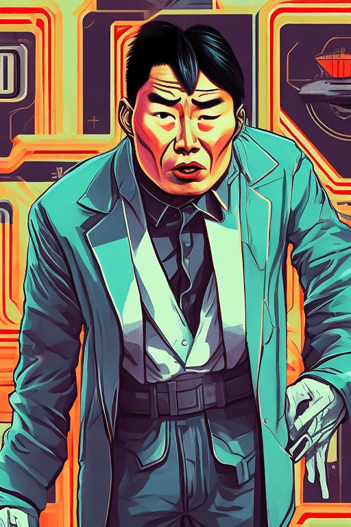 AI generated: retro futurism style, Asian man standing, scared facial expression