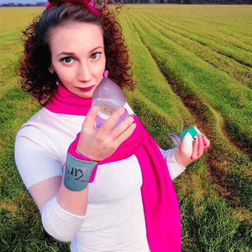 AI generated: Cham22 style, cham22, pink hair, curly hair, ponytail, green eyes, field, red long scarf, long white...