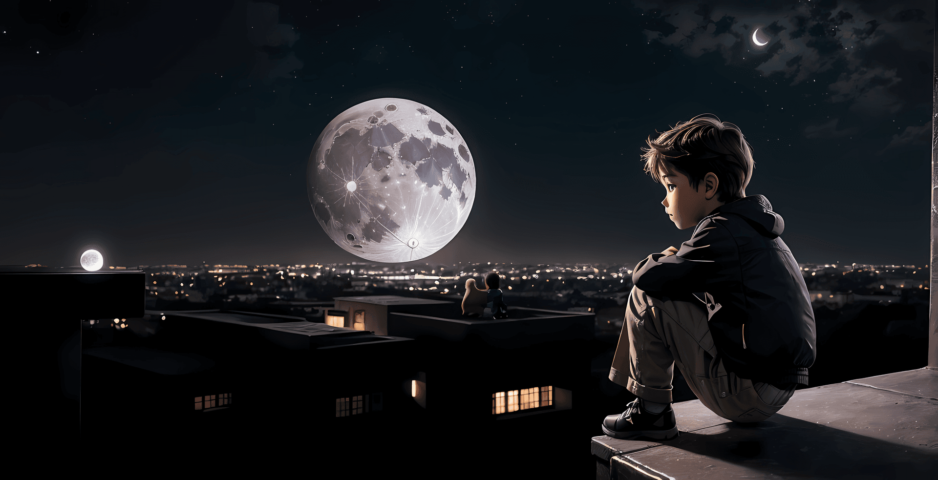 AI generated:  Depiction of a little boy looking out from the world at a dark moon themed night landscape, the boy...