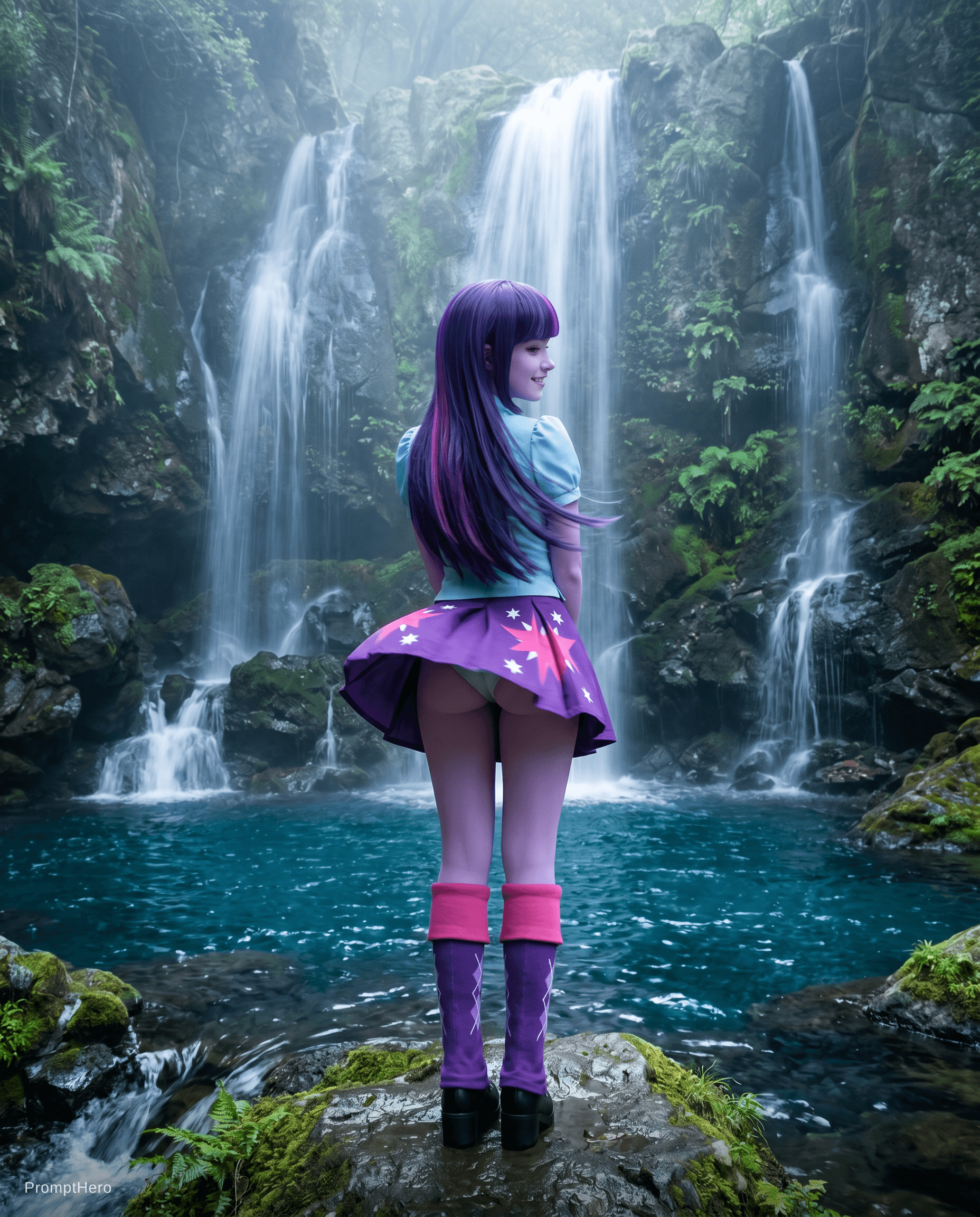AI generated: Create a Twilight Sparkle character (with the exact same outfit as the picture) standing relaxed in ...