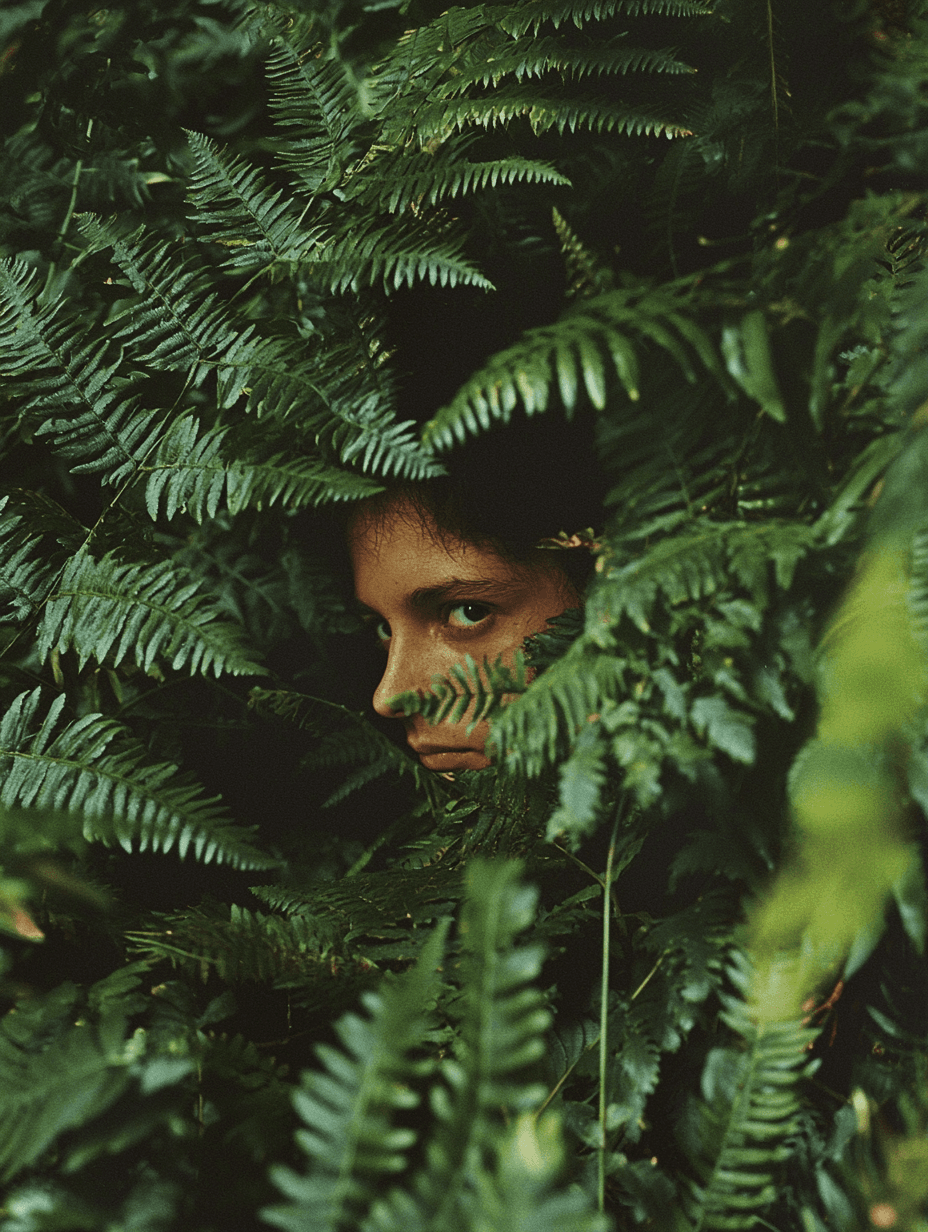 AI generated: woman hiding in dense ferns, green , 90's photo, --v 6.1 --style raw --ar 3:4 --q 2 --s 100
