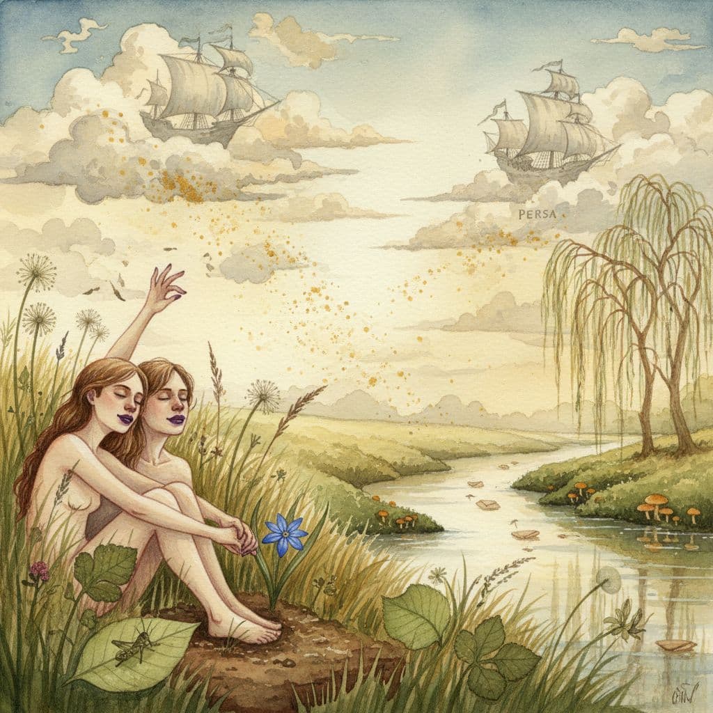 AI generated: **"Flora's Whisper in the Grass"**  

A dreamy watercolor scene where love and nature intertwine u...