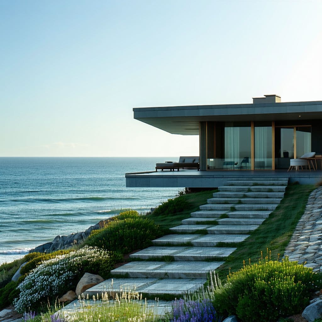 AI generated: Full body shot, Hyper realistic eye level exterior photo of a mid century modern style house overloo...