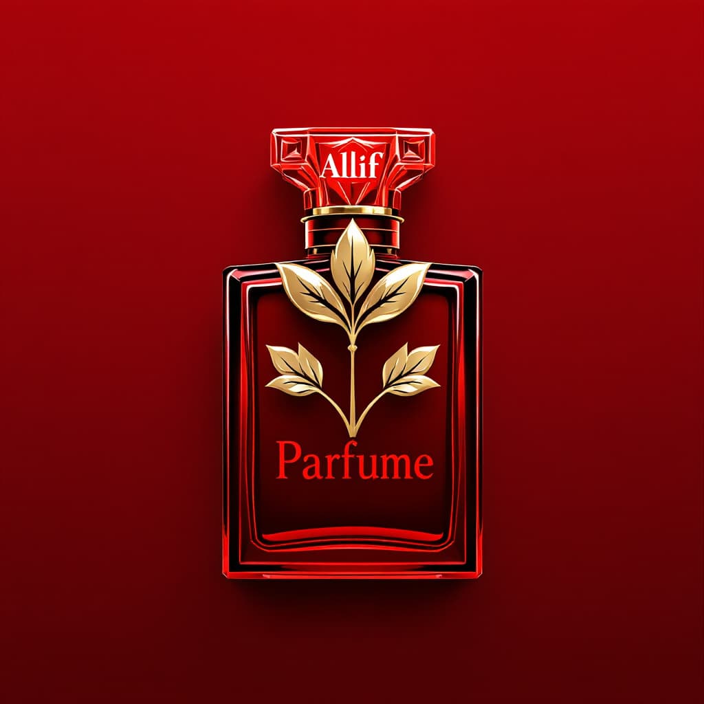 AI generated: Red background with a logo alif with a leaf connected to letters upper point it's for luxury perfume...