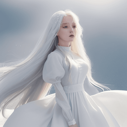 AI generated: Portrait of a female with long white flowing  hair,  small breasts (showing:1.1)  She is (wearing:1....