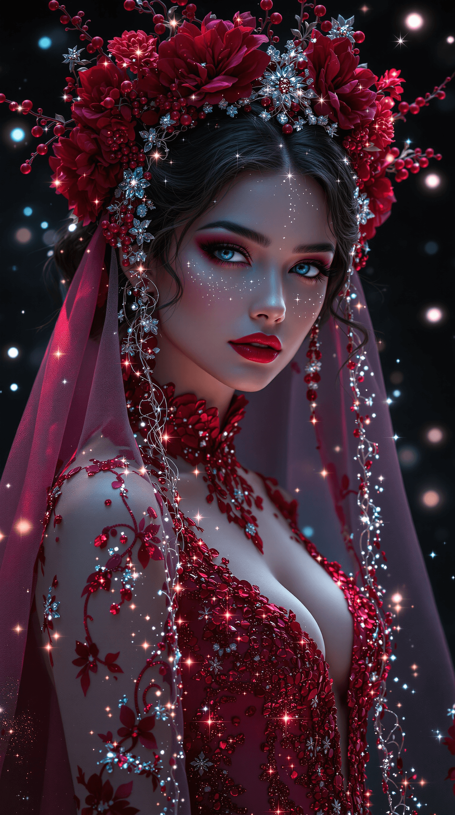 AI generated: A stunning fantasy portrait of an ethereal woman adorned in an opulent crimson and magenta gown cove...