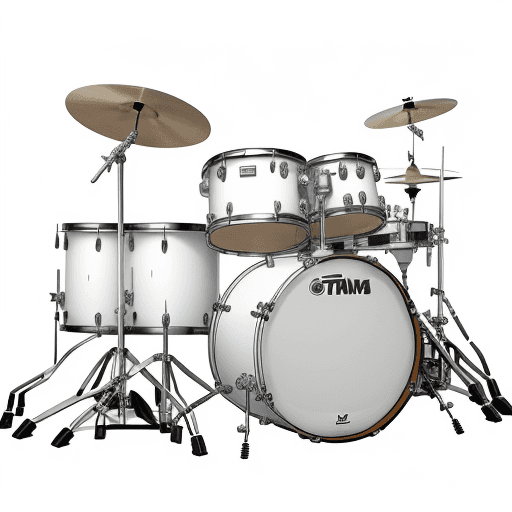 AI generated: drawing of a drum set,white color drawing,big drums and toms,cymbals normal size