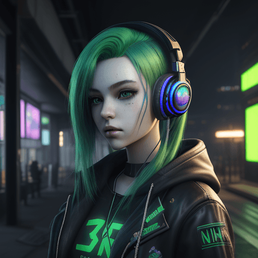 AI generated: Young girl with emerald hair, Young girl with emerald hair, headphones on her head, girl gamer, cybe...