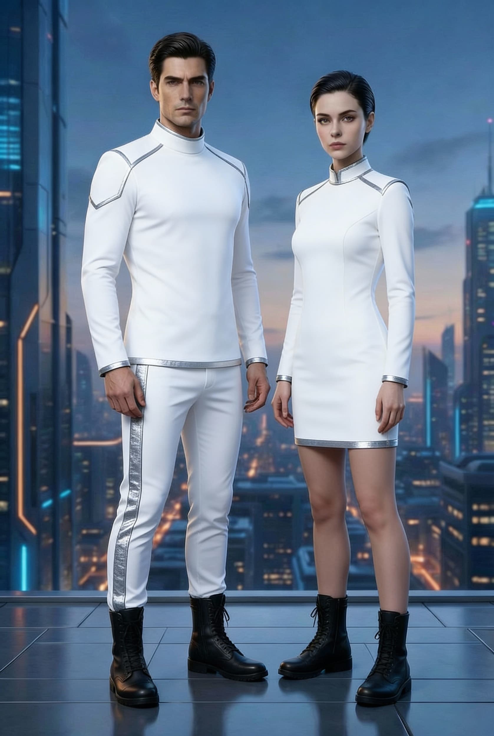 AI generated: Create a Sci-Fi uniform. Use the reference image and turn all white uniforms with silver trim. The c...