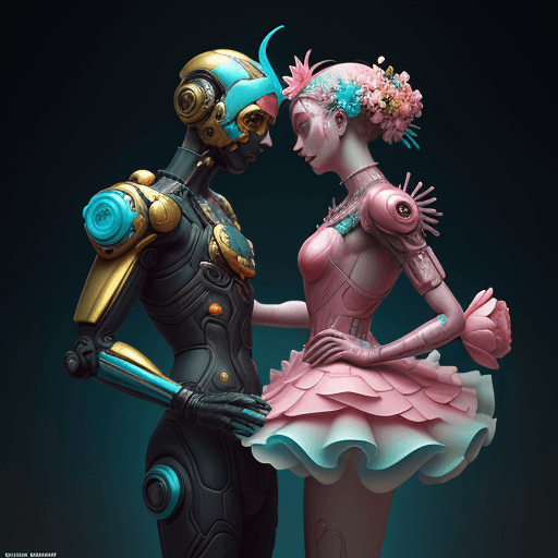 AI generated: a brake couple facing each other dancing with pink flowers, in the style of cyberpunk futurism, gold...