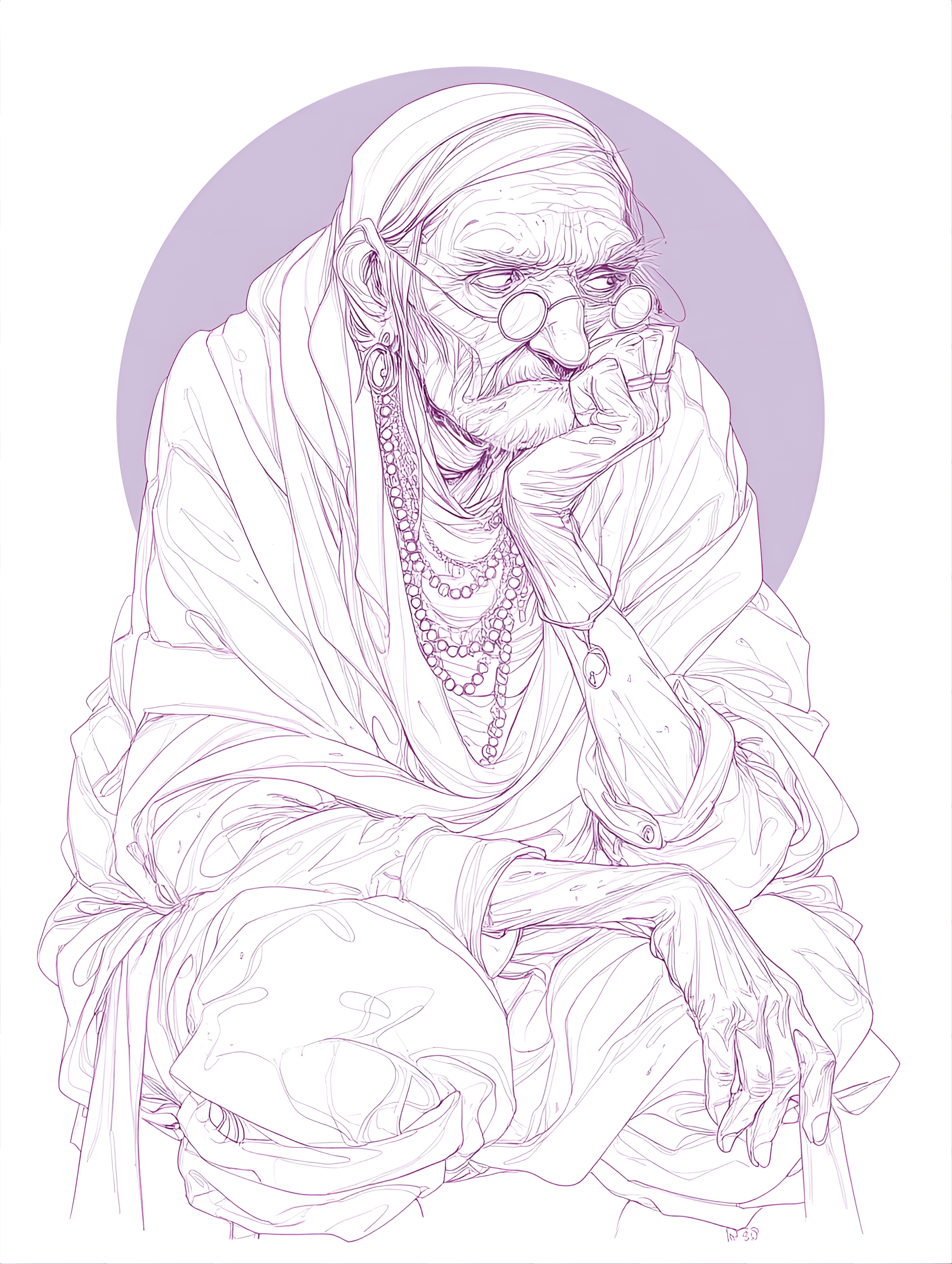 AI generated: white bg, png, line art, minimalist, face portrait, light sketching, droopy eyes, beak nose, pursed ...
