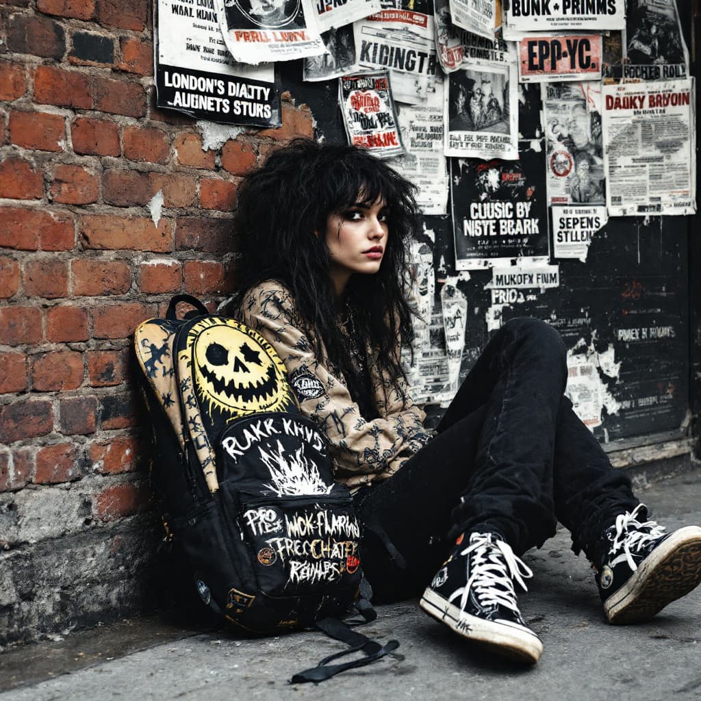AI generated: london punk female , sitting on ground with back against wall, a pro skateboard is beside her laying...