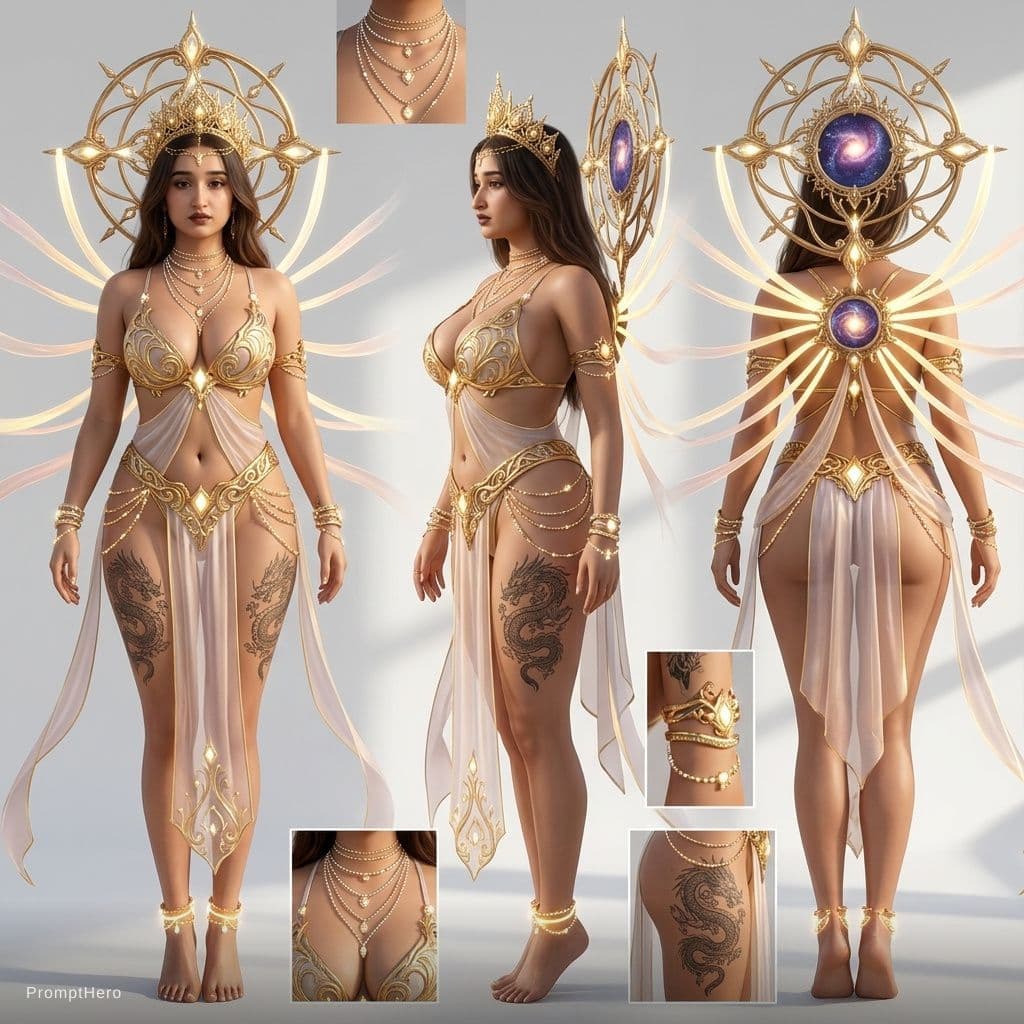 AI generated: Create a model sheet of this person and make it realistic. "She wears a highly stylized, bikini-insp...