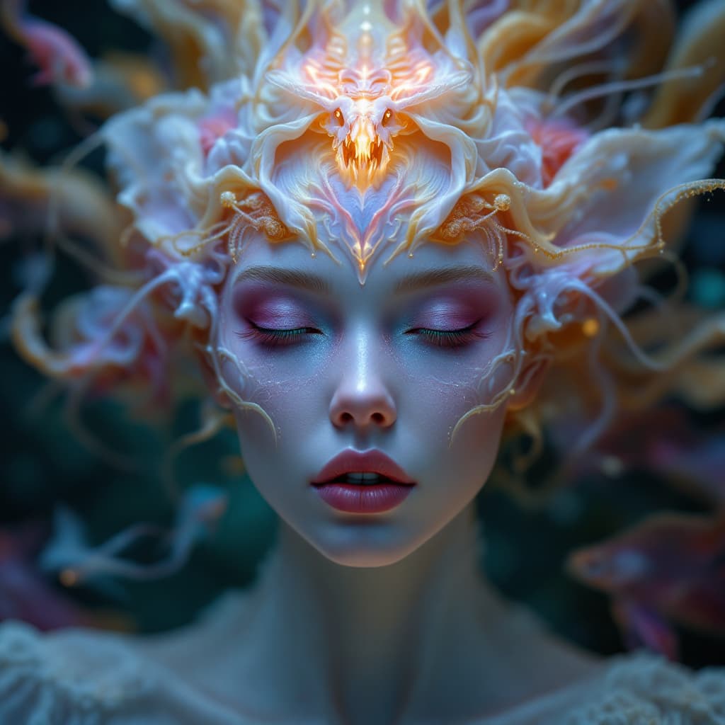 AI generated: Goddess close-up portrait ribcagel. jellyfish phoenix head, nautilus, orchid, skull, betta fish, bio...