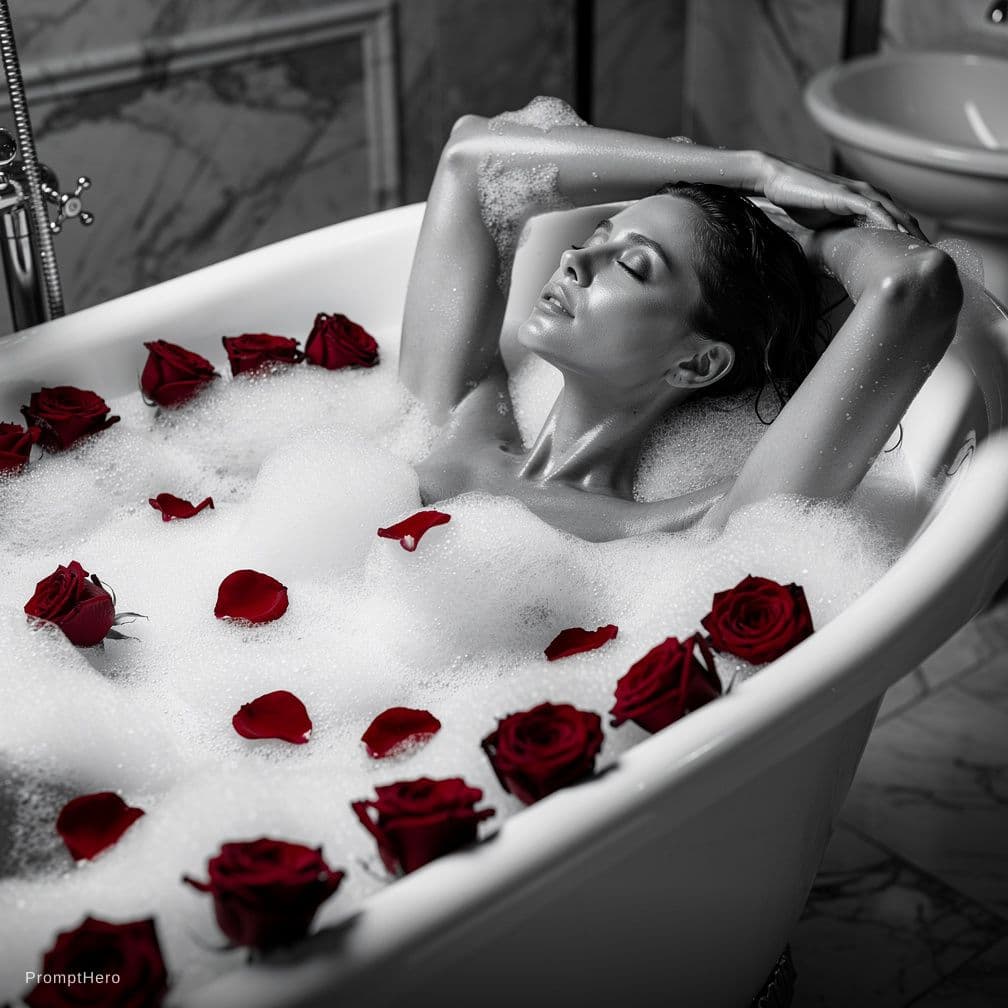 AI generated: 
A sensual, black and white photograph of a woman reclining in a luxurious bathtub filled with rich,...
