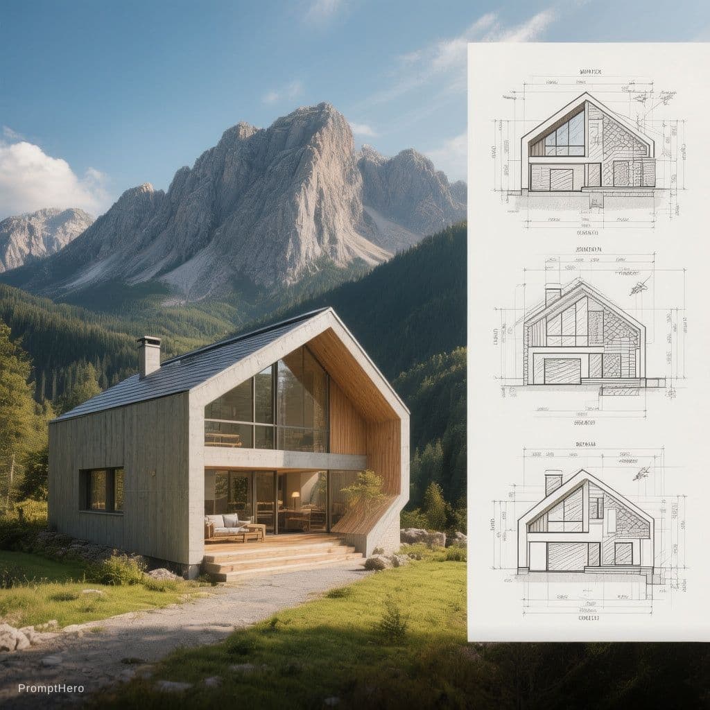 AI generated: make an image that shows a modern house in a mountain, then on the side create some arquitectonic pl...