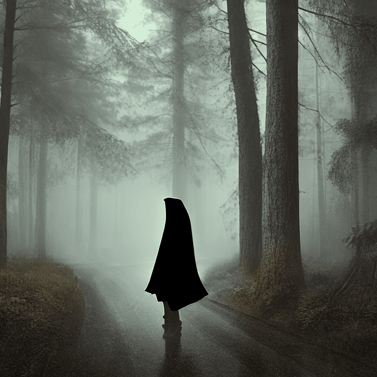AI generated: 1woman,black riding hood , at the forest ,on a bioluminesence style, dancing with open arms and posi...