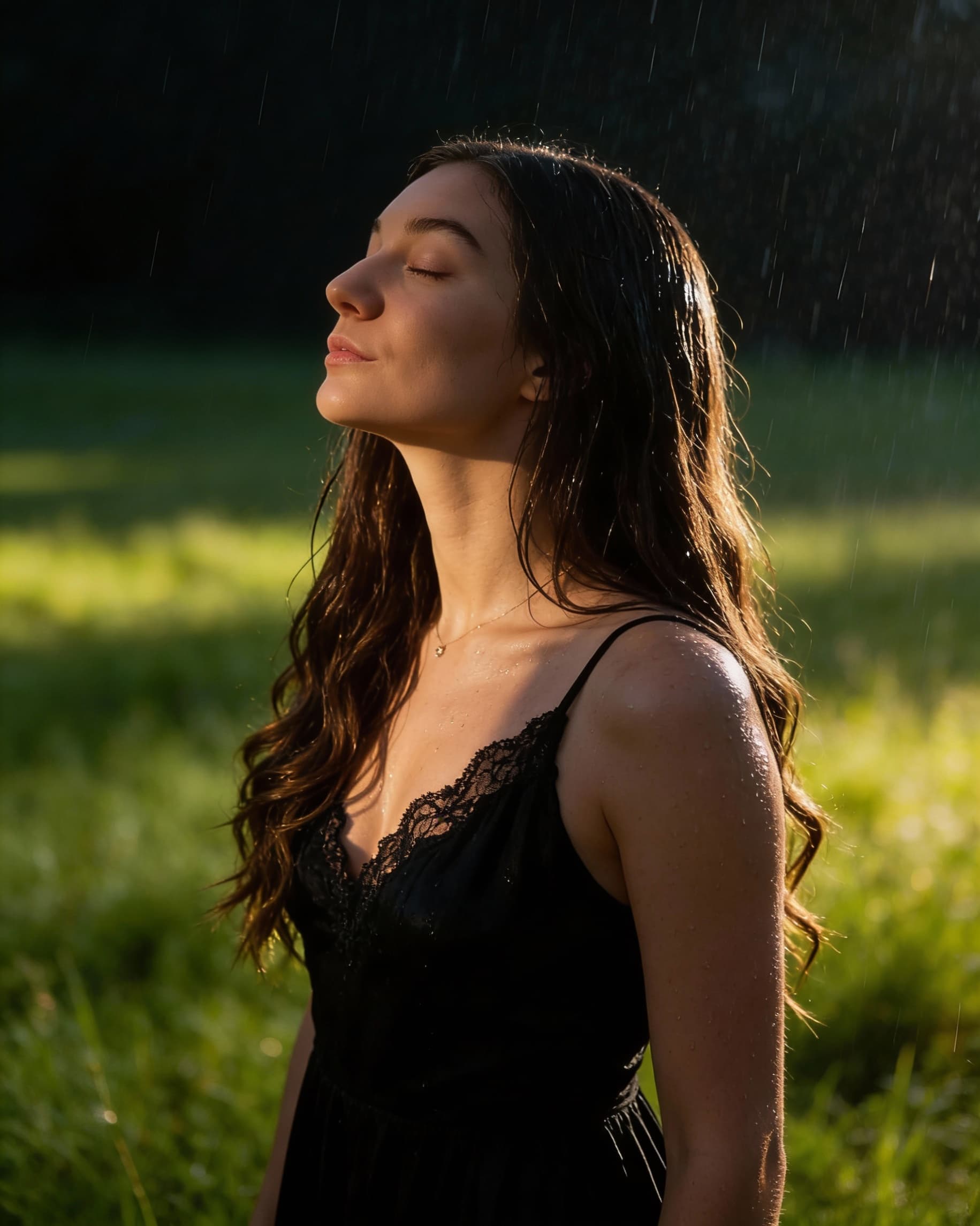 AI generated: cinematic photograph, dark shadows, high contrast, raining, wet hair, wet skin, wet clothes

A wom...