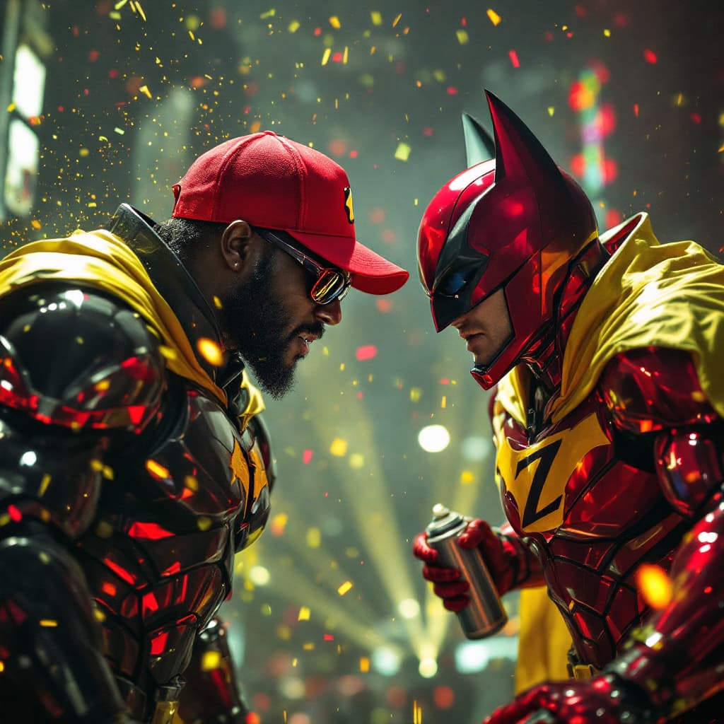 AI generated: Hyper real of Diddy the Diddler like the Riddler versus a Black man, with a red baseball cap backwar...