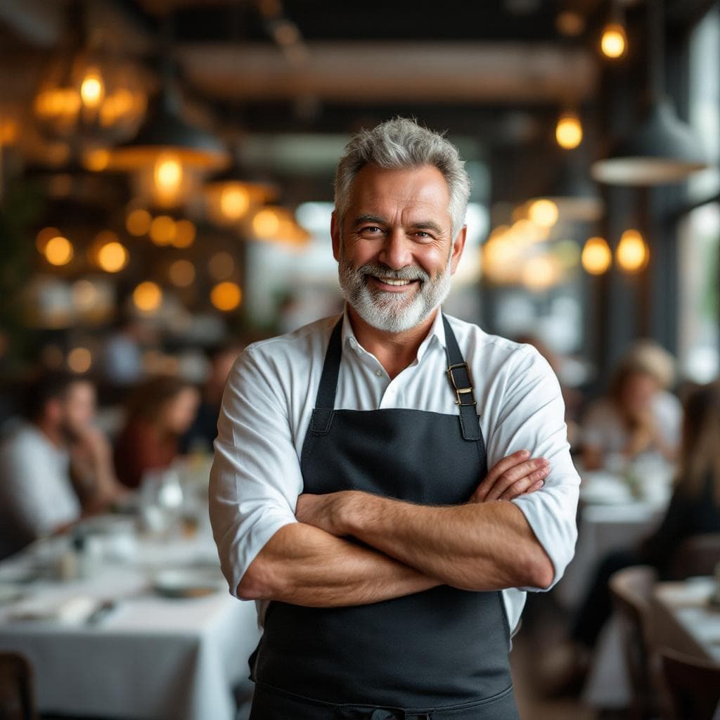 AI generated: "Hyper realistic photograph of a middle-aged Dutch restaurant owner standing confidently in his bust...