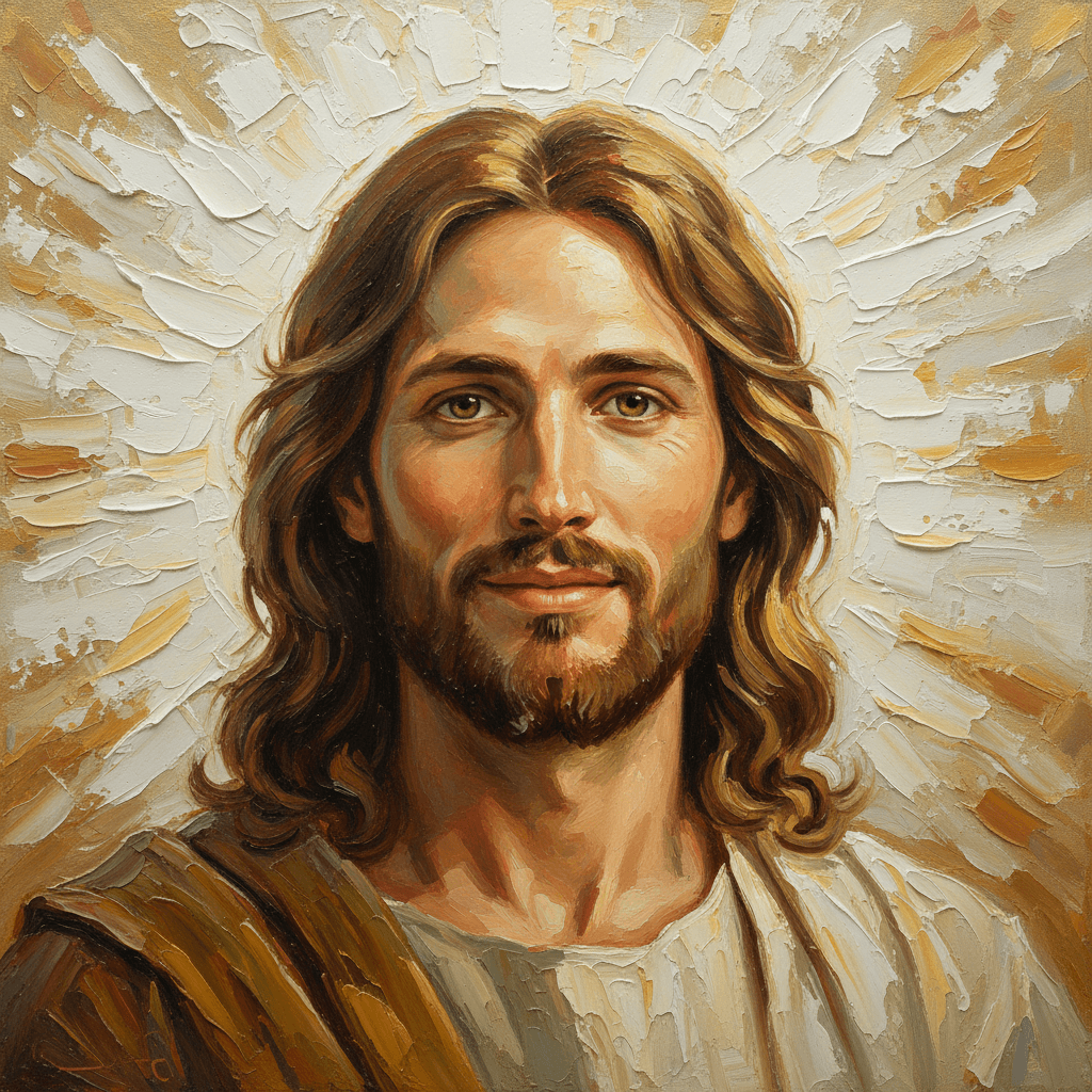 AI generated: A highly detailed oil painting in the style of Jesus with a gentle, compassionate expression and war...
