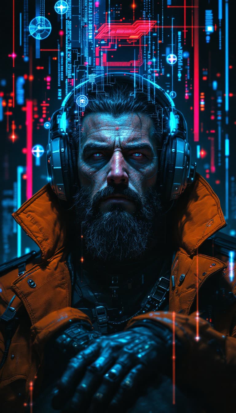AI generated:  Portrait of a futuristic cyberpunk rebel leader, centered, adorned with revolutionary tech, in a hi...