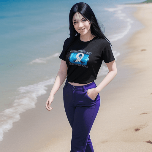 AI generated: Anime-like woman of age of 22, woman wears black shirt and blue trousers, walking around a beach, mo...