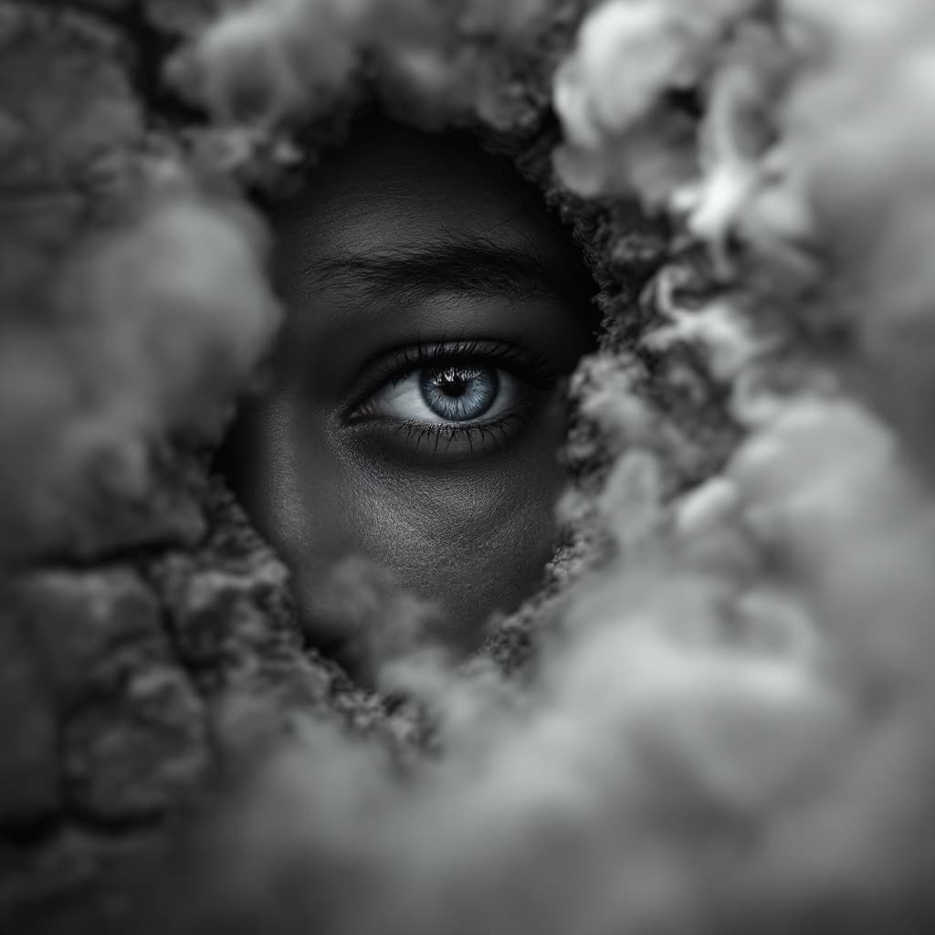 AI generated: A hyperrealistic, cinematic shot , white background of an eye peeking through a old ripped brick  wa...
