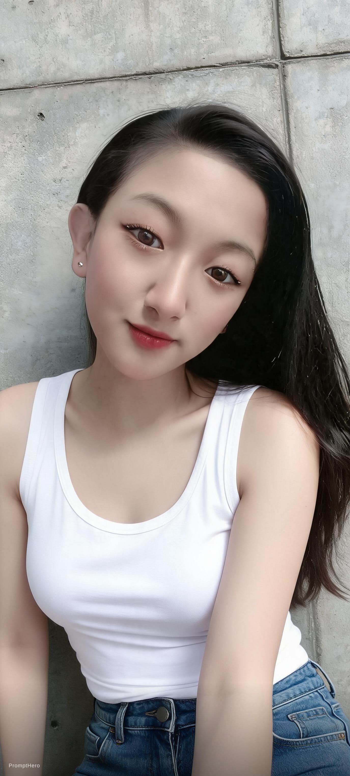 AI generated: A woman with long brunette hair and fair skin is captured in a candid moment. She's wearing a very l...