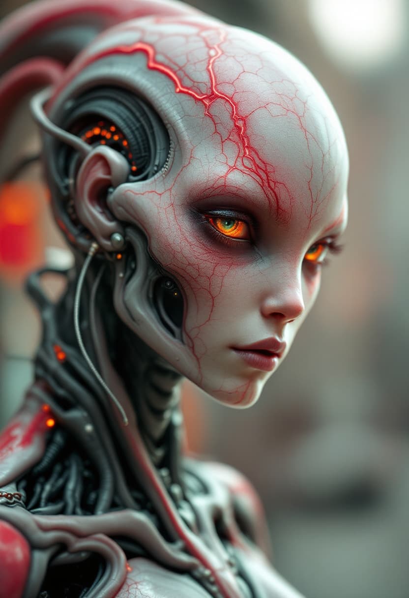 AI generated: alien cyborg ,blurred in a magical tilt-shift effect in the style of balanced symmetry, light red an...