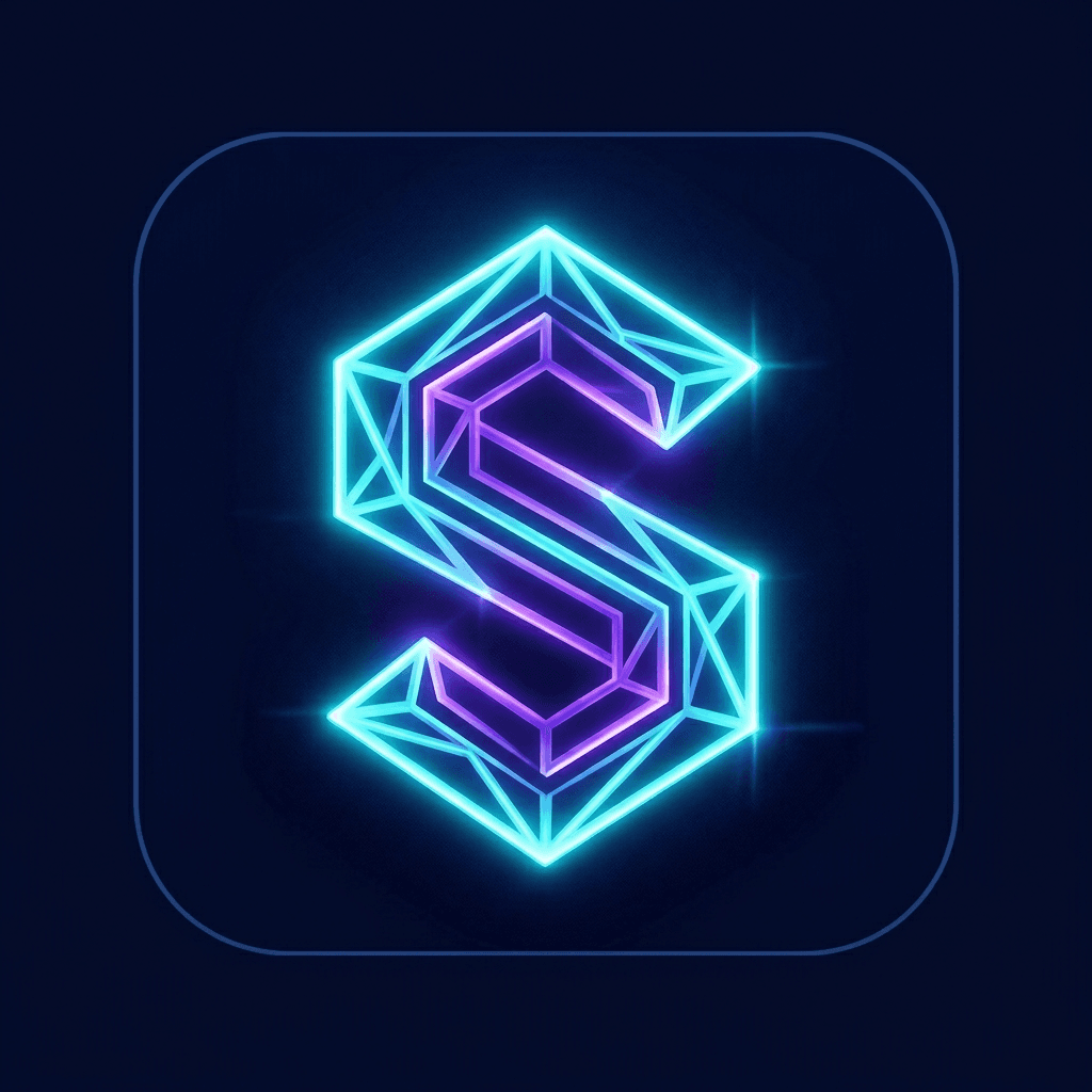 AI generated: "Savitri blockchain app icon, minimalist 'S' lettermark, glowing  cyan/purple neon on dark navy back...