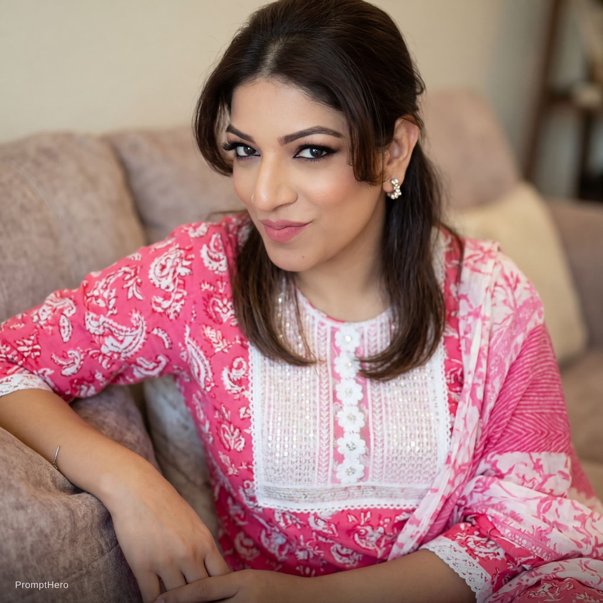 AI generated: make her sitting on a couch, close view, teasing, wearing same cleavage outfit, 