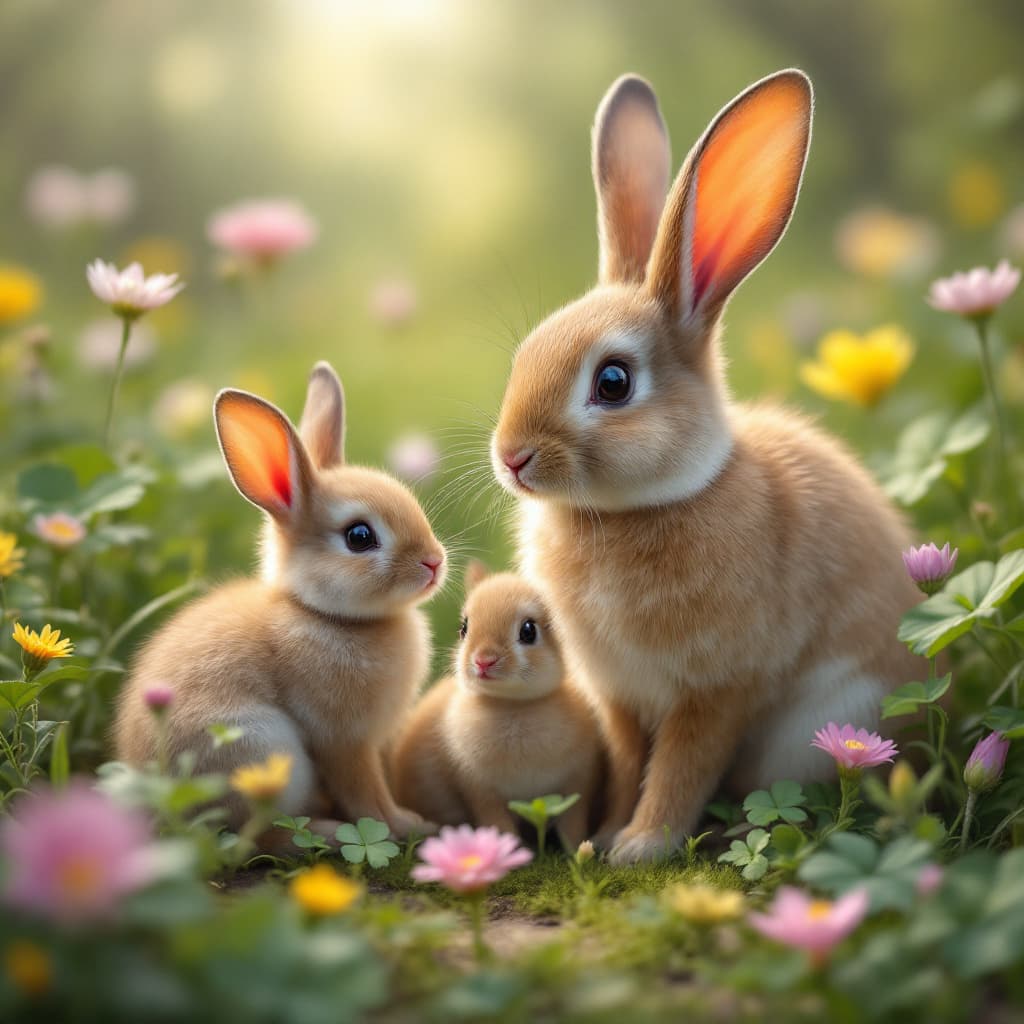 AI generated: A Mother Rabbit and her babies in an Easter setting in a field of flowers and clover