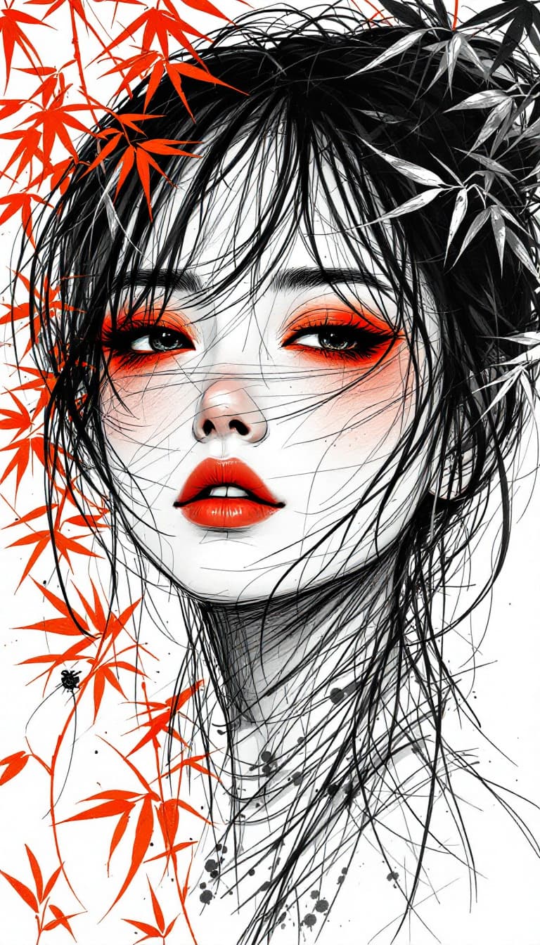 AI generated: A minimalist drawing captures the essence of a Japanese woman's face with red eyeshadow, rendered in...