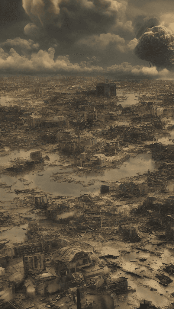 AI generated: draw world war 2 where the moment of atomic bombs on Hiroshima, the world witnesses destruction like...