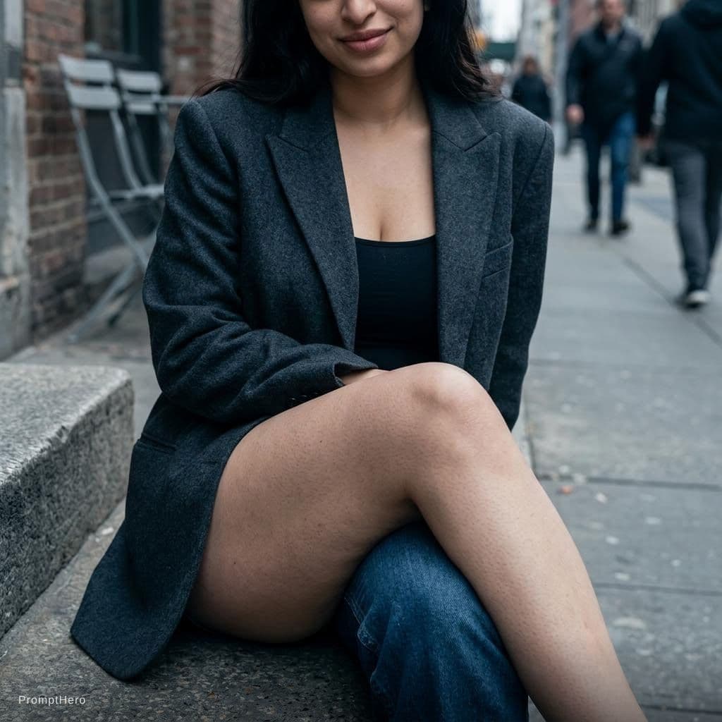AI generated: Close-up of thigh in a seated position, natural skin, urban street vibe, soft diffused sunlight, coo...