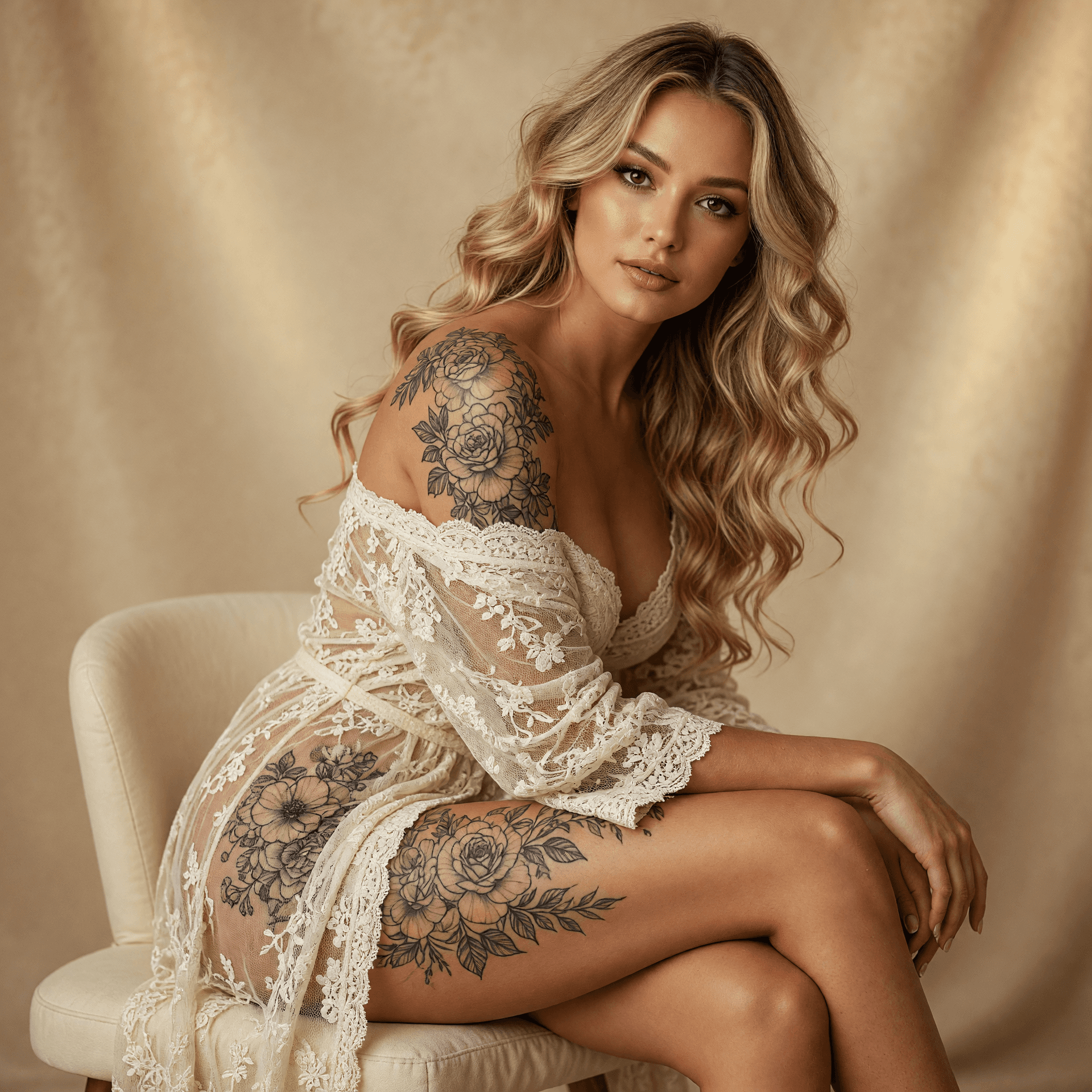 AI generated: 
# Ultra-Detailed Romantic Lace Portrait – Elegant Tattooed Blonde Woman

**Masterpiece, ultra-reali...