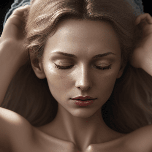 AI generated: cinematic medium closeup of a slim european woman, (hyper detailed skin), closed eyes,