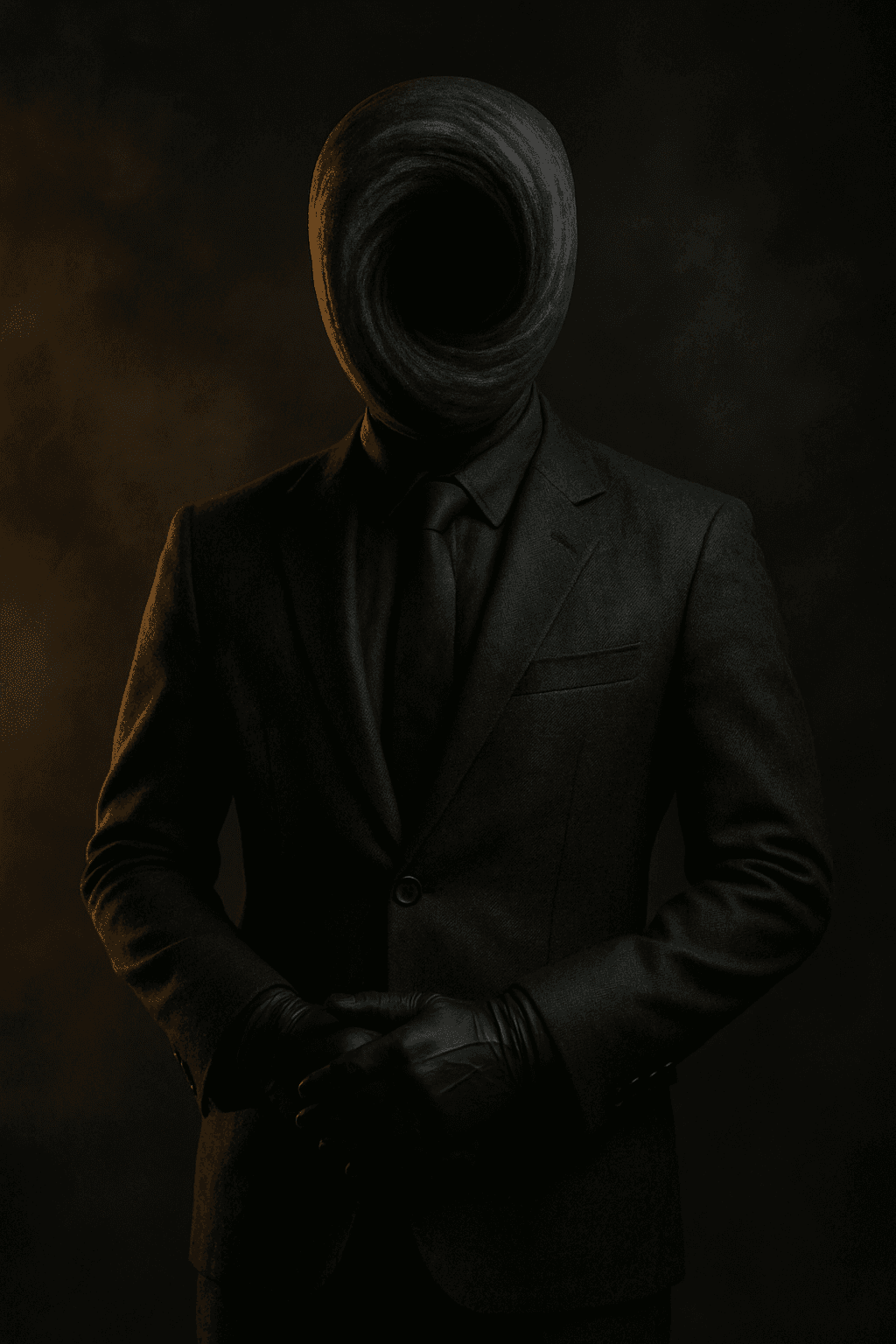 AI generated: A man in a suit made of strange black textured fabric, wearing a mask resembling a black hole — a vo...