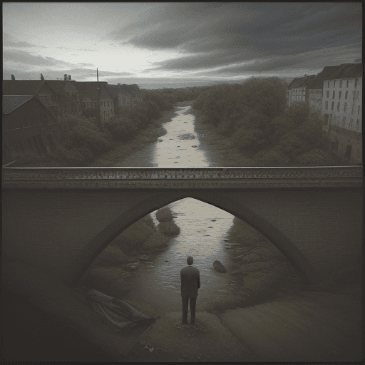 AI generated: top-down perspective, reduced objects, wide frame to capture a sad landscape. A man looks down from ...