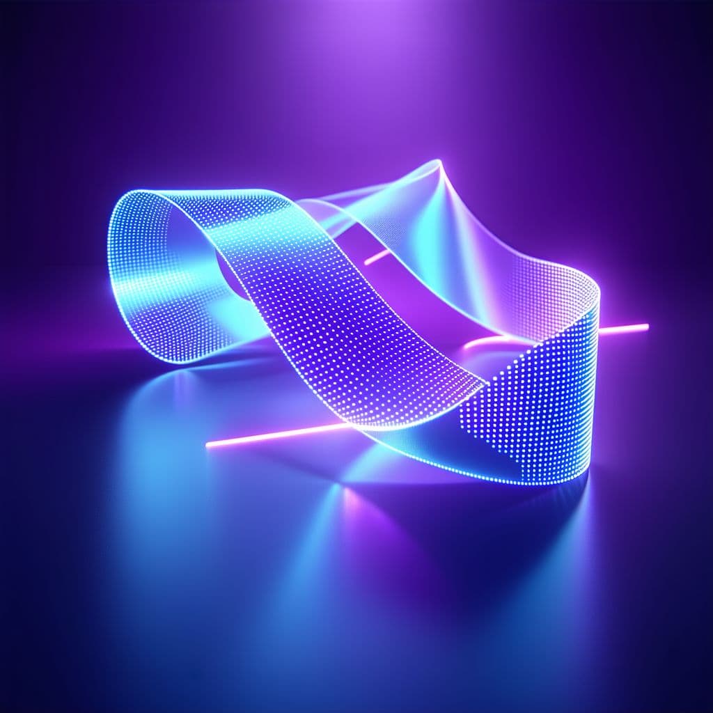 AI generated: Futuristic abstract digital ribbon, glowing neon blue and purple colors, pixelated data streams flow...