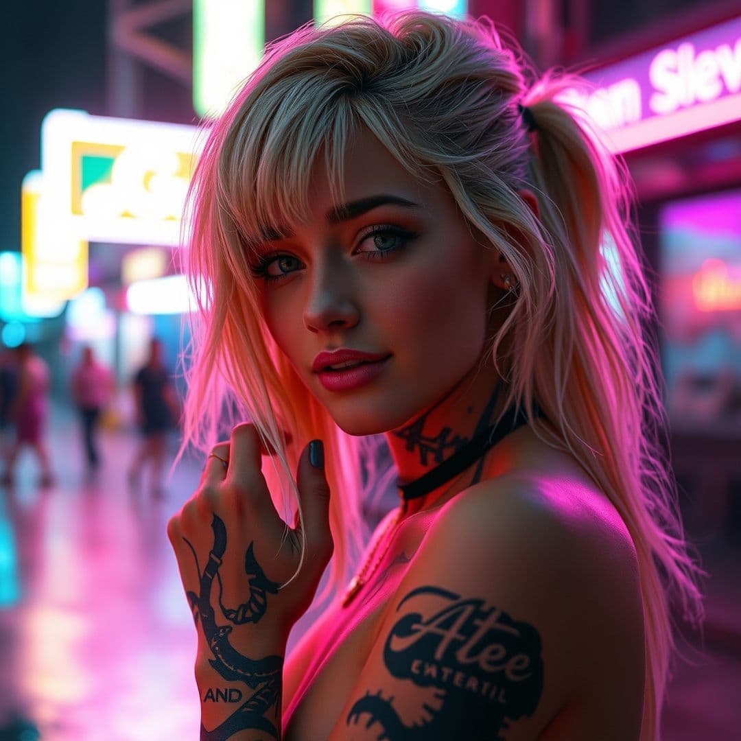 AI generated: cyberpunk blonde heroine freezes in a dance in the light of a neon strobe light. This image, whether...