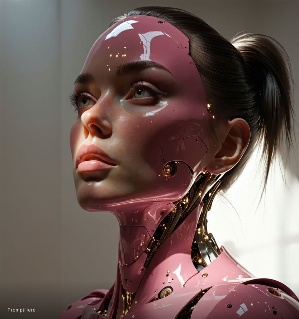 AI generated: woman bionic ceramic glossy pink face sculpture, pushed out of the background, front view, brightly ...