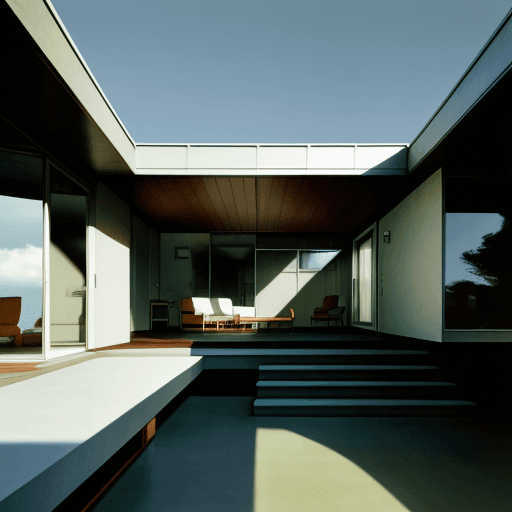 AI generated: Hyper realistic eye level exterior photo of a mid century modern style house overlooking the ocean, ...
