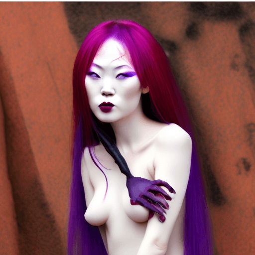 AI generated: Photo of a beautiful nude red headed vampire with purple eyes kissing Jude Japanese women