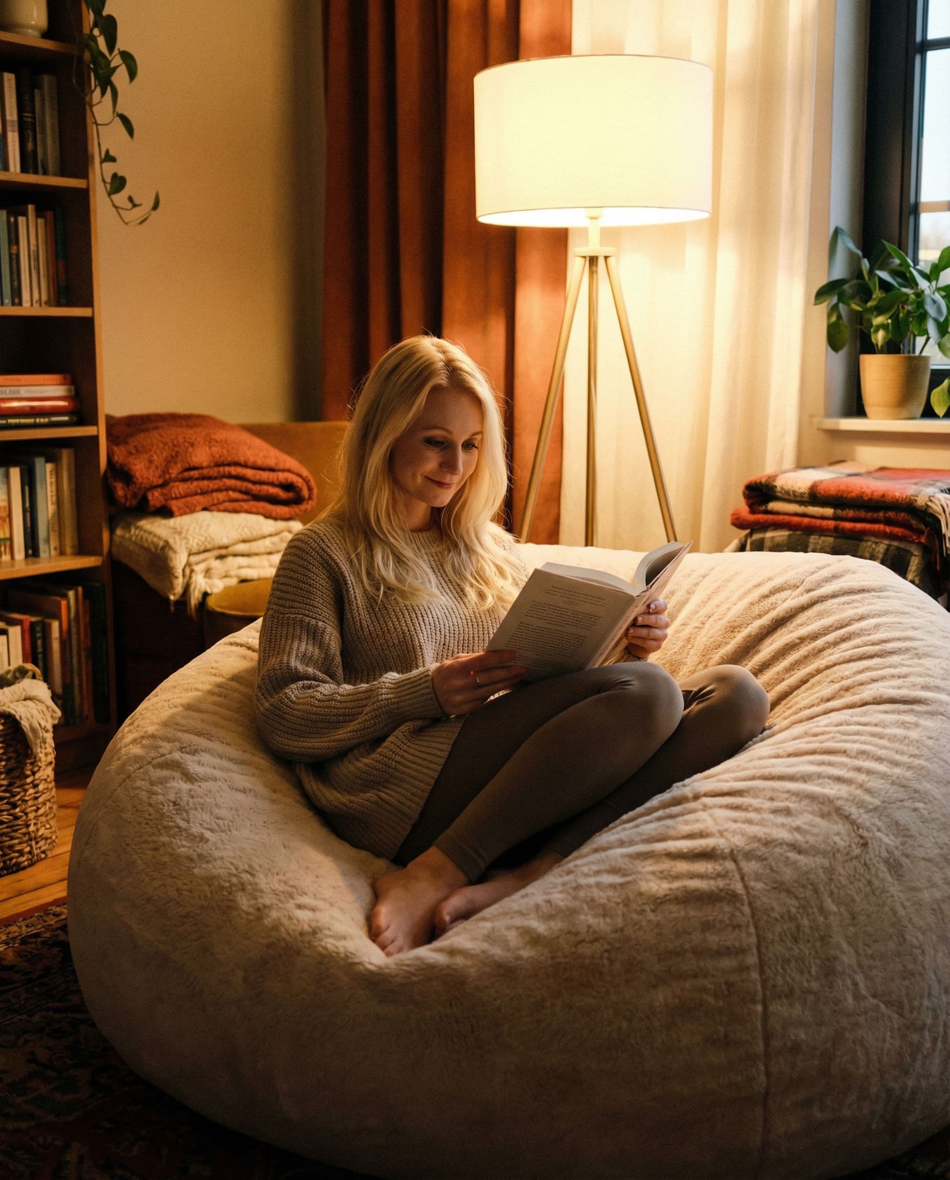 AI generated: Informal portrait, woman in a comfortable living room setting, she's sitting on a beanbag chair, rea...
