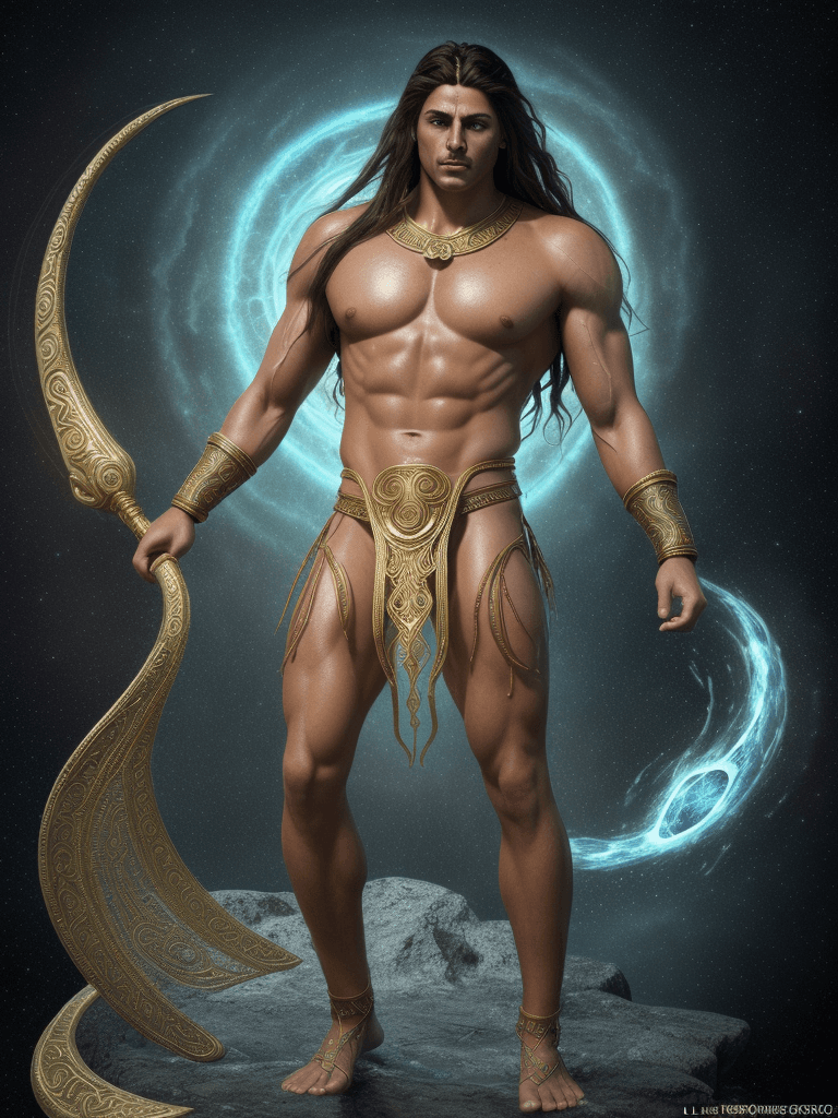 AI generated: A cosmic ancient atlantean ethereal god, long flowing hair, big muscular, tiny gold loincloth, float...