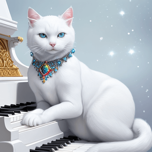 AI generated: Award winning, realistic detailed color photo of a white cat with blue ruby jewels, an exquisite fel...