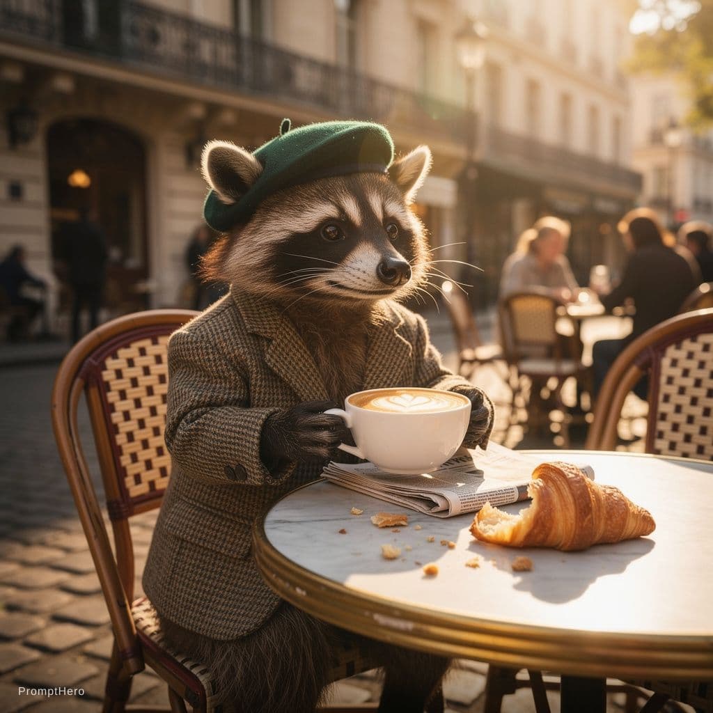 AI generated: A stylish raccoon drinking cappuccino and reading a tiny newspaper at a Parisian café terrace, crumb...